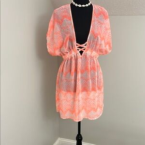 Orange Swim Cover-Up with Puffy Sleeves and V-Neck